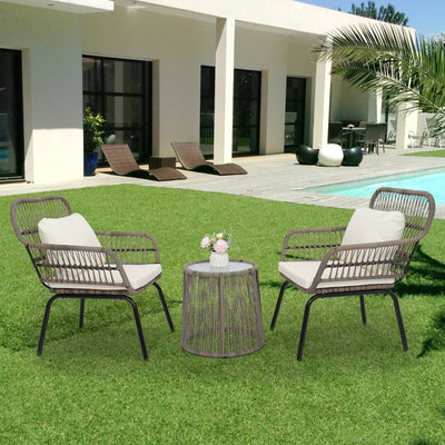 3 PCS Bistro Set, Outdoor Patio Porch Furniture Sectional Chairs with Glass Tabletop Tea Table, PE Rattan Patio Furniture Conversation Set for Lawn Pool Courtyard Garden Balcony