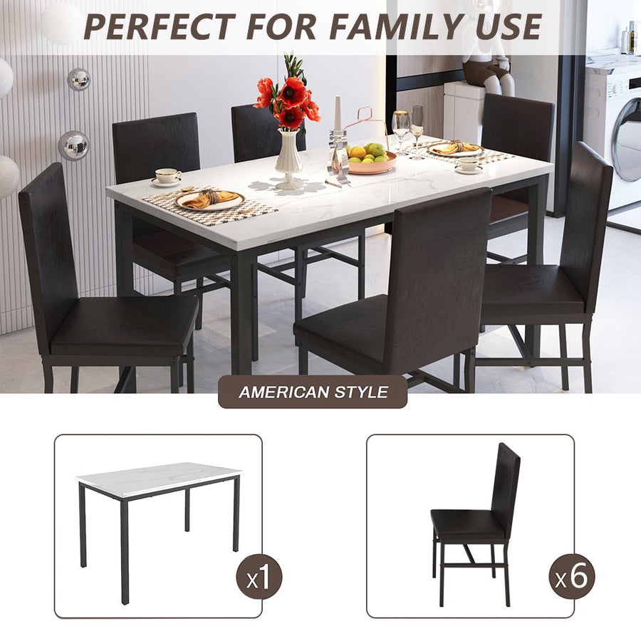 7 Piece Kitchen Dining Table and Chair Set, Dining Room Table Set with Faux Marble Tabletop PU Leather Padded Chairs, Rectangle Dining Table Set for 6, Dinette Set for Kitchen Dining Room Small Space