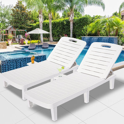 Outdoor Chaise Loungers, 2 Piece Patio Chaise Lounge Chairs Furniture Set with Adjustable Back/Retractable Tray, All-Weather Plastic Reclining Lounge Chair for Beach, Backyard, Porch, Garden, Pool, L