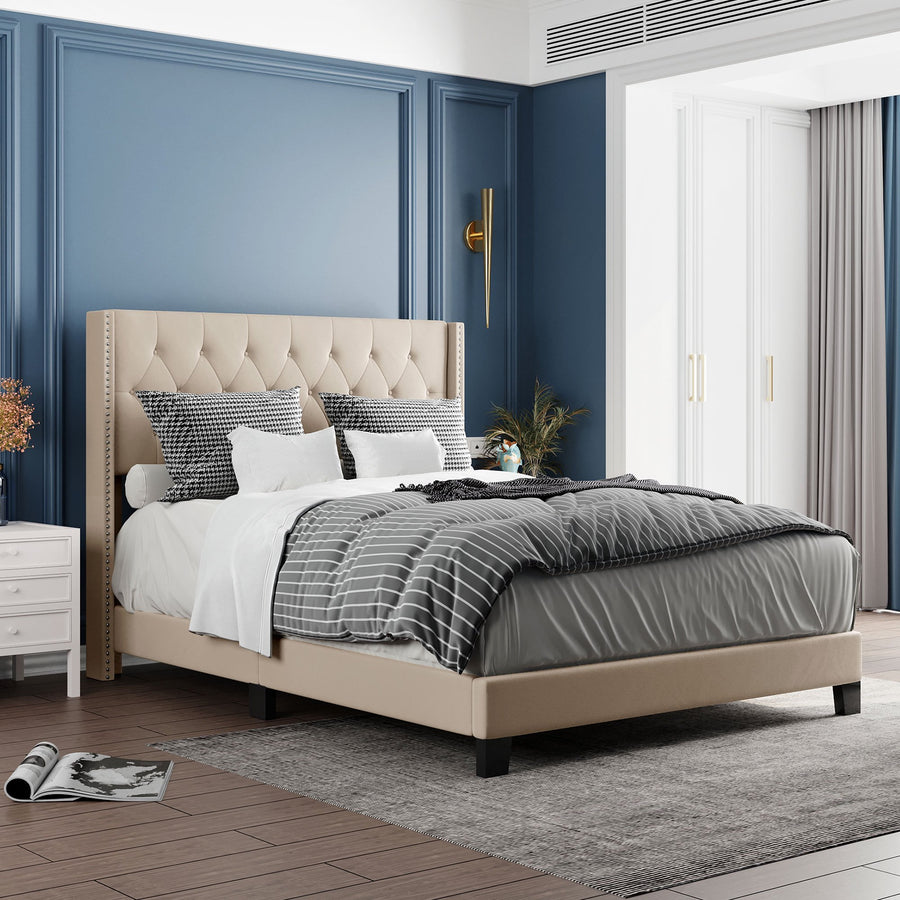 Upholstered Platform Queen Bed Frame, Beige Button Tufted Platform Queen Bed Frame with Headboard, Linen Fabric Bed Frame with Wood Slat Support, Box Spring Needed, Easy Assembly, 500lbs, Beige, SS31