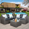 4 Piece Patio Furniture Set with Loveseat Sofa, Storage Box, Tempered Glass Coffee Table, All-Weather Outdoor Conversation Set with Cushions for Backyard, Porch, Garden, Poolside, L4993