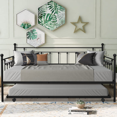 Twin Metal Trundle Bed Frame, Twin Trundle Beds with Trundle Included, SEGMART Daybed & Trundle w/ Metal Slat Support, Twin Daybed for Adults Kids Teens, Bed Frame No Box Spring Needed, Black, L