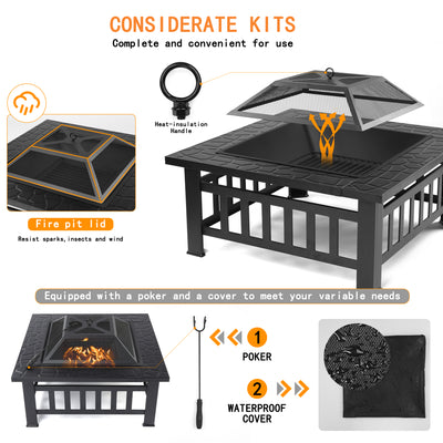 SEGMART Outdoor Fire Pit, 32" Square Metal Fire Pit Table, Stove Wood Burning BBQ Grill Fire Pit Bowl, Spark Screen & Log Poker, Ideal for Yard Patio Beach Picnic Bonfire