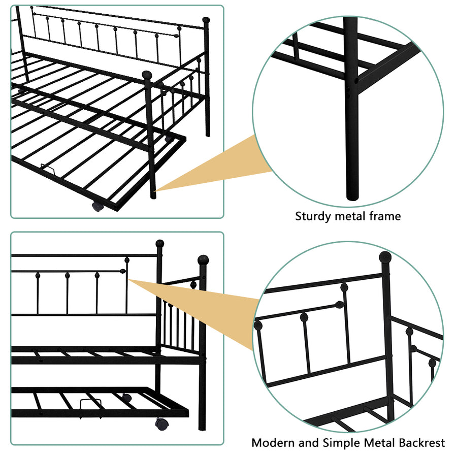 Twin Metal Trundle Bed Frame, Twin Trundle Beds with Trundle Included, SEGMART Daybed & Trundle w/ Metal Slat Support, Twin Daybed for Adults Kids Teens, Bed Frame No Box Spring Needed, Black, L