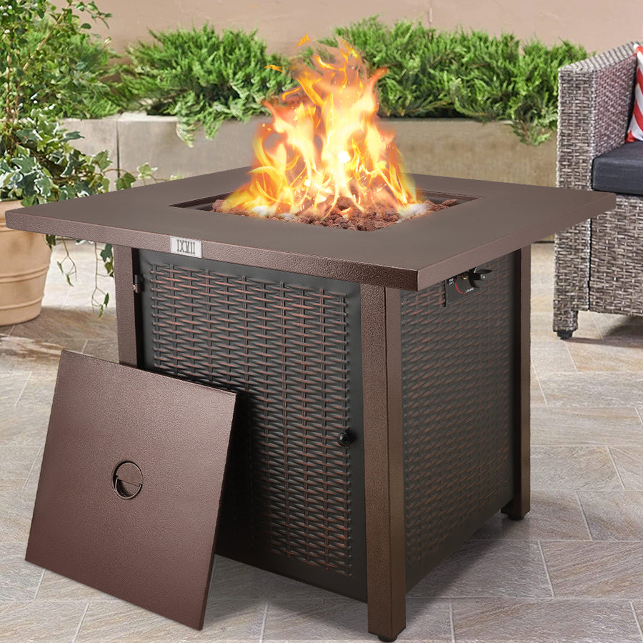 Gas Fire Pit Table, SEGMART Propane Fire Pit with Lid/Lava Rocks, 28" 40,000 BTU Outdoor Propane Fire Table, Metal Square Propane Fire Pit for Outside Garden Backyard Deck Patio, Bronze, LLL4009