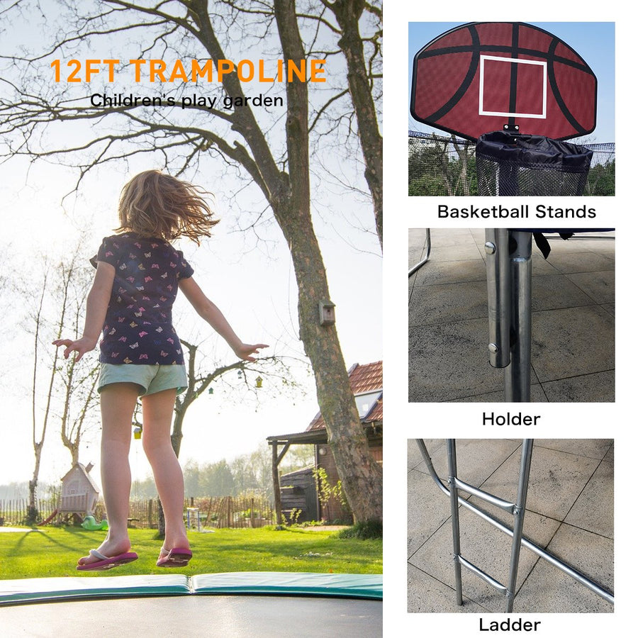 Trampoline for Exercise, New Upgraded 12-Feet Outdoor Trampoline with Safety Enclosure Net, Basketball Hoop and Ladder, Heavy-Duty Round Trampoline for Indoor or Outdoor Backyard, Capacity 400lbs,L3735