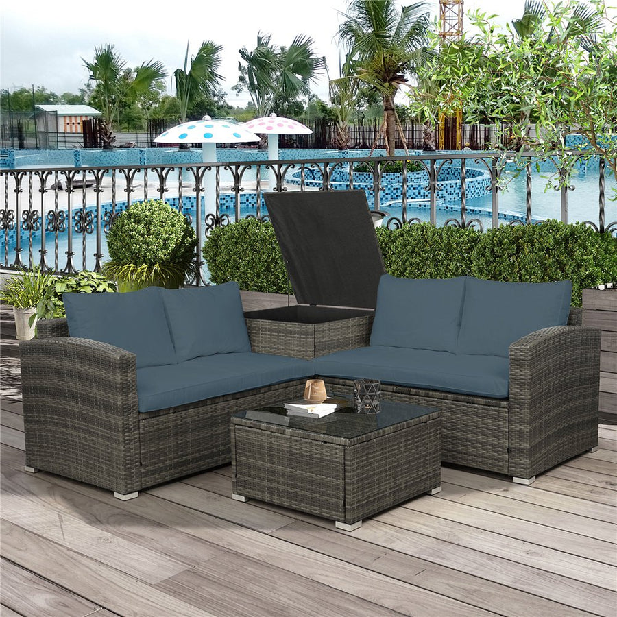 4 Piece Outdoor Patio Furniture Set, 2 Rattan Patio Chairs with Glass Table and Storage Cabinet, All-Weather Rectangle Patio Sofa Wicker Set with Cushions for Backyard, Porch, Garden, Pool, L