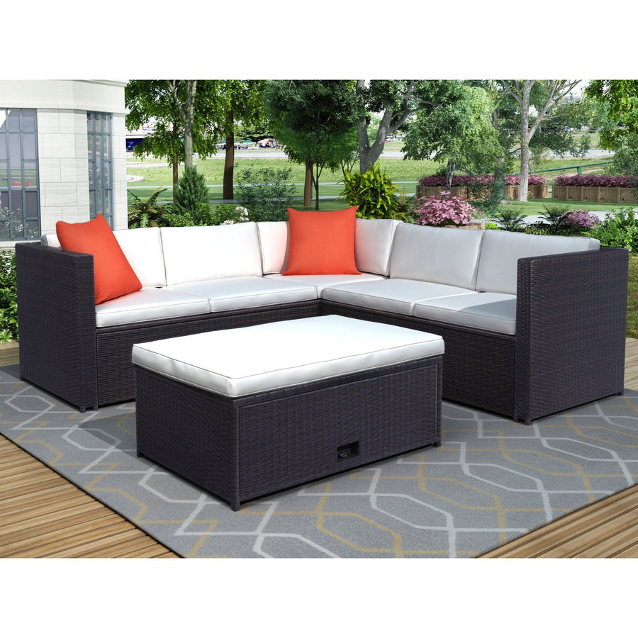 Outdoor Patio Conversation Furniture Sets, 4-Piece Wicker Patio Conversation Furniture Set w/2 Double-Seat Corner Sofas, Single Sofa, Glass Dining Table, Padded Cushions, 2 Pillows, S5590