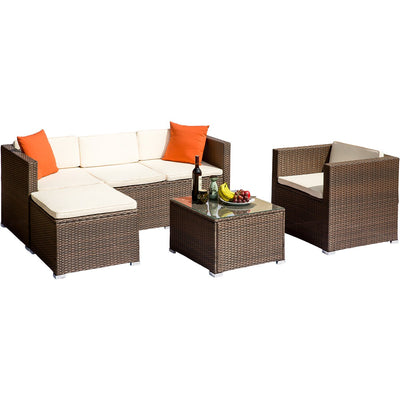 4 Piece Patio Furniture Set, All-Weather Outdoor Conversation Set with Loveseat and Glass Table, Wicker Sectional Sofa Set with Beige Cushions for Backyard, Porch, Garden, Poolside, LLL1311
