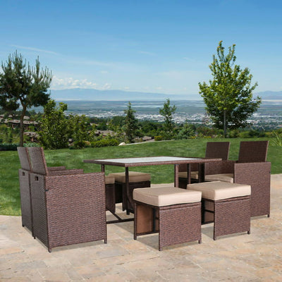 Patio Dining Sets Clearance, 9 Piece Patio Furniture Sets with 4 PE Wicker Chairs, 4 Ottomans, Glass Table, All-Weather Outdoor Patio Dining Conversation Set with Cushions for Backyard, Lawn, Garden