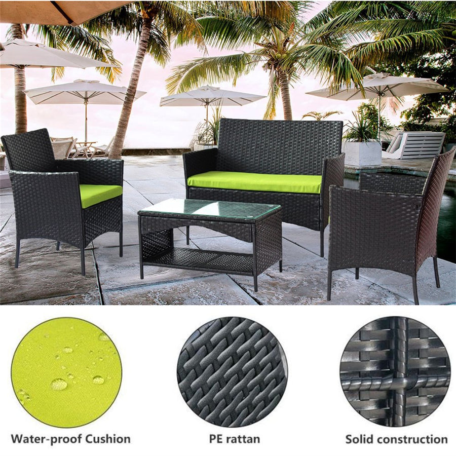 Patio Furniture Set Clearance, 4 Piece Wicker Patio Set with Glass Dining Table, Loveseat & Cushioned Wicker Chairs, Modern Rattan Outdoor Conversation Sets for Backyard, Porch, Garden, L3121