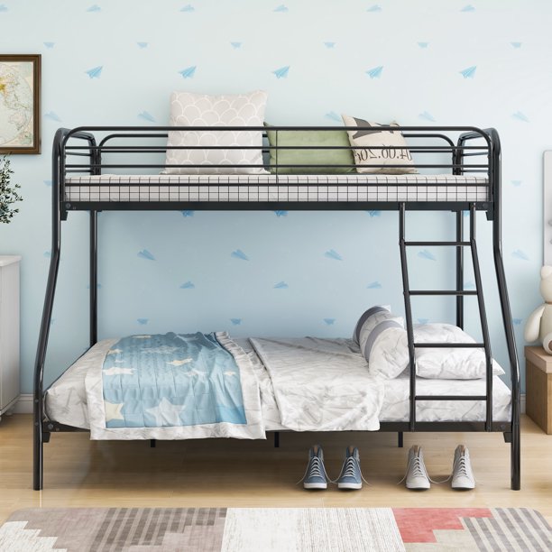 Bunk Beds for Kids, UHOMEPRO Twin over Full Bunk Bed, Heavy Duty Black Metal Bunk Bed Twin over Full with Ladder/Safety Rail for Boys Girls, Twin over Full Bunk Bed for Bedroom/Dorm, CL797
