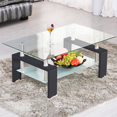 Rectangle Coffee Table for Living Room, Clear Glass Coffee Table with Lower Shelf, Modern Center Table with Metal Legs, 39.4" x 24" x 17.7" Sofa Table Home Furniture, Easy Assembly, L5503