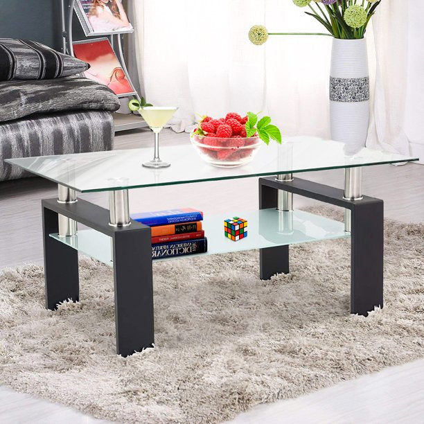Rectangle Coffee Table for Living Room, Clear Glass Coffee Table with Lower Shelf, Modern Center Table with Metal Legs, 39.4" x 24" x 17.7" Sofa Table Home Furniture, Easy Assembly, L5503
