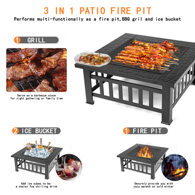 32'' Wood Burning Fire Pit, Outdoor Square Metal Fire Pit Table, Backyard Patio Garden Wood Burning Heater, BBQ, Ice Pit with Grill Rack, Poker, Fit for Party Picnic Camp