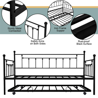 Twin Metal Trundle Bed Frame, Twin Trundle Beds with Trundle Included, SEGMART Daybed & Trundle w/ Metal Slat Support, Twin Daybed for Adults Kids Teens, Bed Frame No Box Spring Needed, Black, L