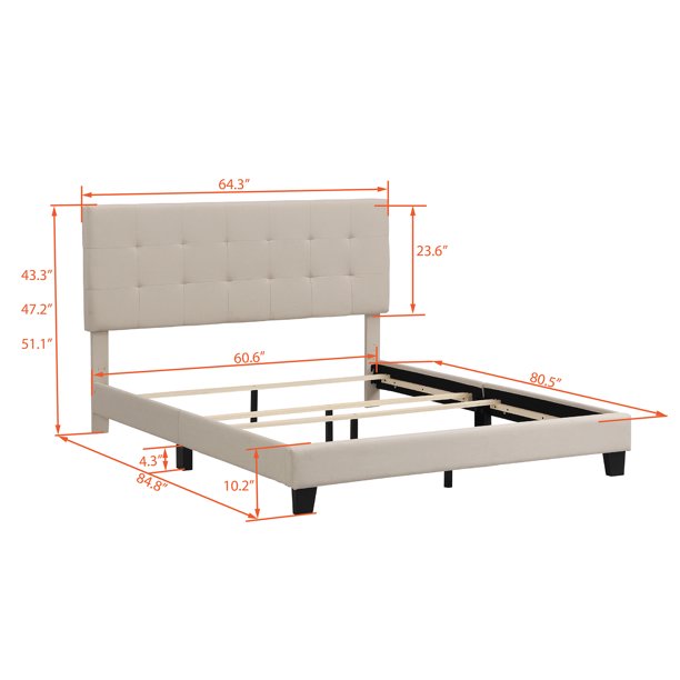 SEGMART Upholstered Platform Queen Bed Frame, Button Tufted Bed Frame with Headboard, Linen Fabric Bed Frame with Wood Slat Support, Box Spring Needed, 500lbs, Beige, SS713