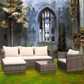 4 Piece Outdoor Patio Furniture Set with Wicker Chair, 3-Seat Sofa, Ottoman, Glass Table, All-Weather PE Rattan Patio Conversation Furniture Set for Backyard, Porch, Garden, Poolside, L4495