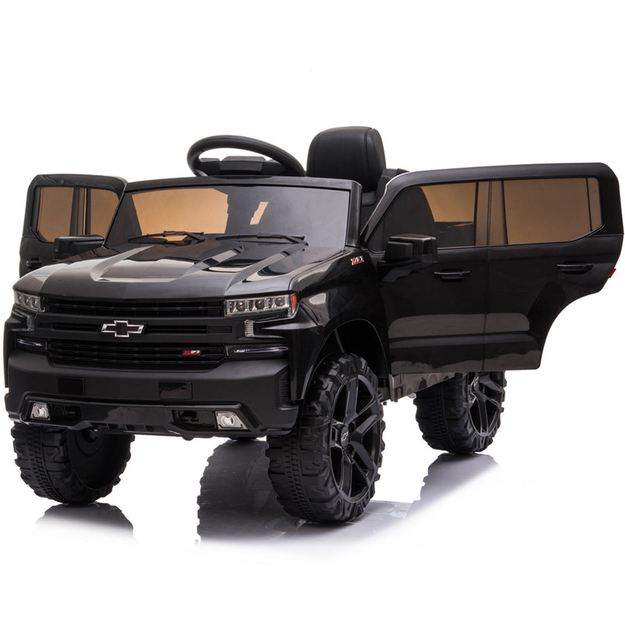 Ride on Toys for Kids, Chevrolet Silverado 12V Ride on Cars with Remote Control, Ride on Truck ATV Car for Boys Girls, Black Electric Cars Christmas Gifts, Spring Suspension, LED Light, L