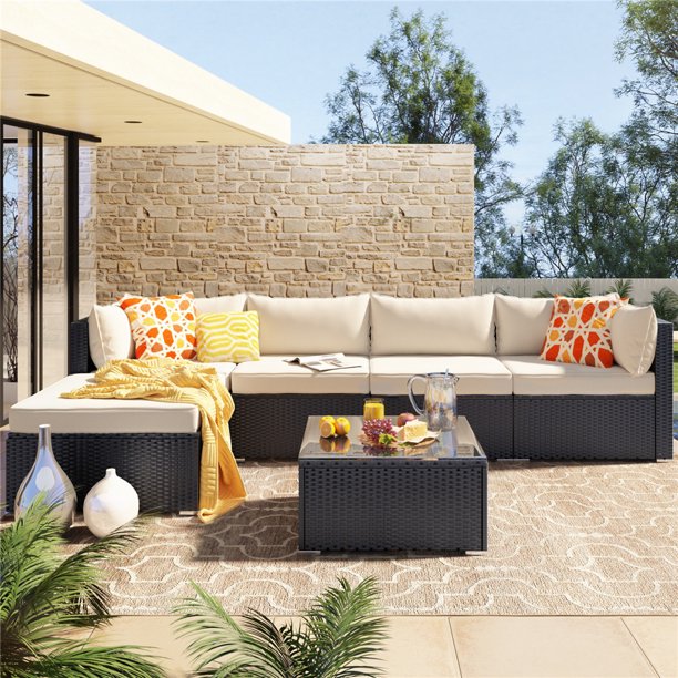 Outdoor Conversation Sets, 6 Piece Patio Furniture Sets with Rattan Wicker Chairs, Ottoman, All-Weather Outdoor Patio Sectional Sofa Set with Cushions for Backyard, Porch, Garden, Poolside, LLL1398