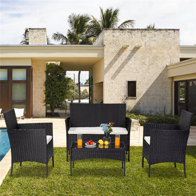 Wicker Patio Sets, 4 Piece Outdoor Conversation Set With Glass Dining Table, Loveseat & 2 Cushioned Chairs, Black Patio Furniture Sets with Coffee Table for Yard, Porch, Garden, Poolside, LL883