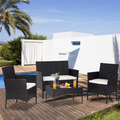 4 Piece Patio Conversation Set with Glass Dining Table, Loveseat & Cushioned Wicker Chairs, Modern Outdoor Rattan for Yard, Porch, Pool, LLL1716