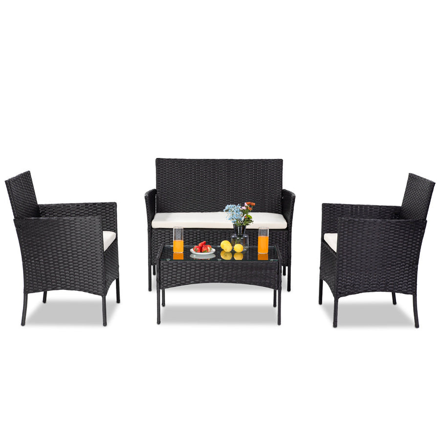 4 Piece Patio Conversation Set with Glass Dining Table, Loveseat & Cushioned Wicker Chairs, Modern Outdoor Rattan for Yard, Porch, Pool, LLL1716