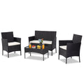 4 Piece Patio Conversation Set with Glass Dining Table, Loveseat & Cushioned Wicker Chairs, Modern Outdoor Rattan for Yard, Porch, Pool, LLL1716
