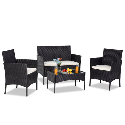 4 Piece Patio Conversation Set with Glass Dining Table, Loveseat & Cushioned Wicker Chairs, Modern Outdoor Rattan for Yard, Porch, Pool, LLL1716
