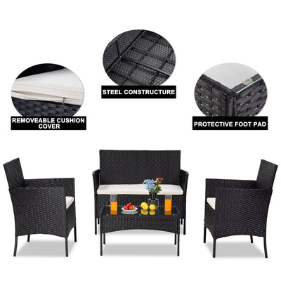 Wicker Patio Sets, 4 Piece Outdoor Conversation Set With Glass Dining Table, Loveseat & 2 Cushioned Chairs, Black Patio Furniture Sets with Coffee Table for Yard, Porch, Garden, Poolside, LL883