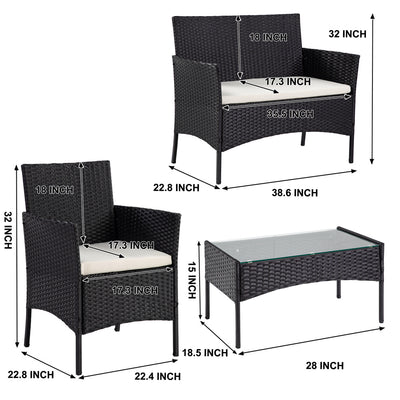 Wicker Patio Sets, 4 Piece Outdoor Conversation Set With Glass Dining Table, Loveseat & 2 Cushioned Chairs, Black Patio Furniture Sets with Coffee Table for Yard, Porch, Garden, Poolside, LL883