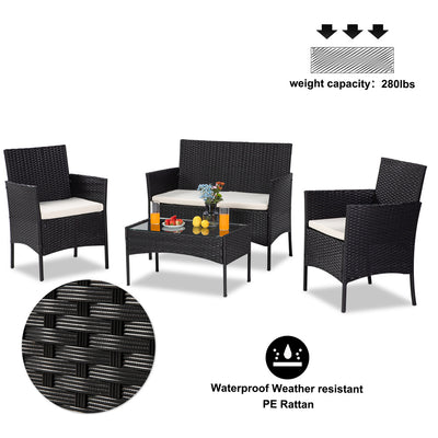 Wicker Patio Sets, 4 Piece Outdoor Conversation Set With Glass Dining Table, Loveseat & 2 Cushioned Chairs, Black Patio Furniture Sets with Coffee Table for Yard, Porch, Garden, Poolside, LL883