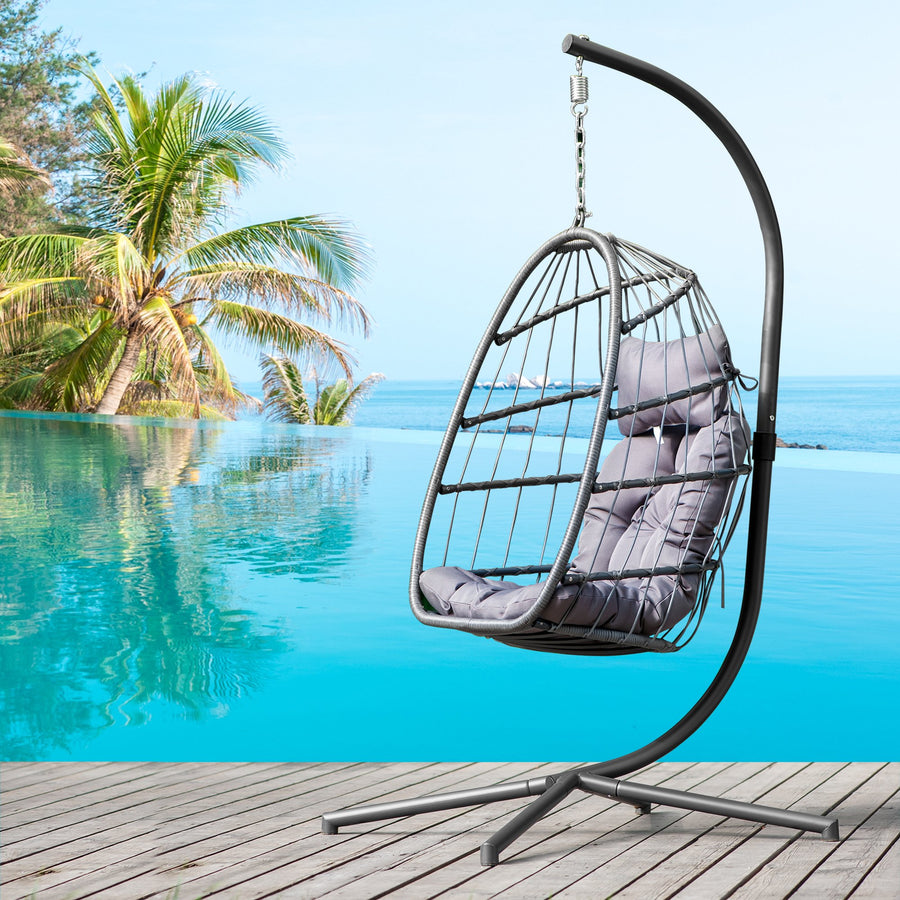 Outdoor Swinging Egg Chair, Patio Wicker Hanging Chairs with Stand, UV Resistant Hammock Chair with Comfortable Gray Cushion, Durable Indoor Swing Egg Chair for Garden, Backyard, 350lbs, L3958