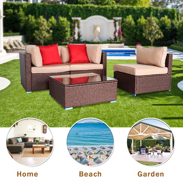 4 Piece Patio Furniture Set with Armless Sofa, Coffee Table, 2 Corner Sofas, 2 Pillows, All-Weather Outdoor Conversation Set with Cushions for Backyard, Porch, Garden, Poolside, LLL1323