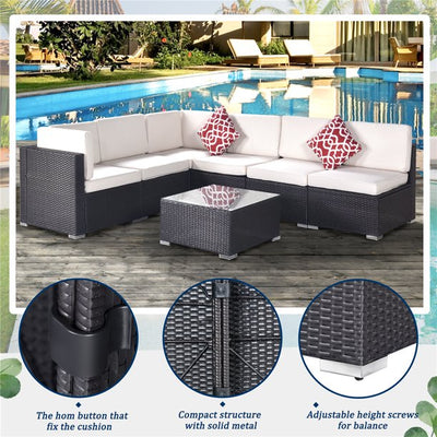 7 Piece Patio Furniture Set with 6 Rattan Wicker Chairs, Coffee Table and 2 Pillows, Outdoor Conversation Set with Beige Cushions for Backyard, Porch, Garden, Poolside, LLL4258