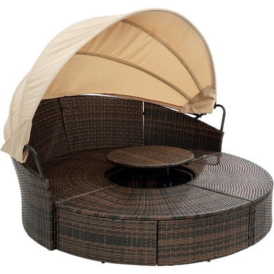 Outdoor Conversation Lounger Set, Round Patio Daybed Sunbed with Retractable Canopy and Cushions, Rattan Wicker Patio Sectional Sofa Set with Coffee Table for Backyard Porch Garden Deck Poolside