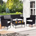 Wicker Patio Sets, 4 Piece Outdoor Conversation Set With Glass Dining Table, Loveseat & 2 Cushioned Chairs, Black Patio Furniture Sets with Coffee Table for Yard, Porch, Garden, Poolside, LL883