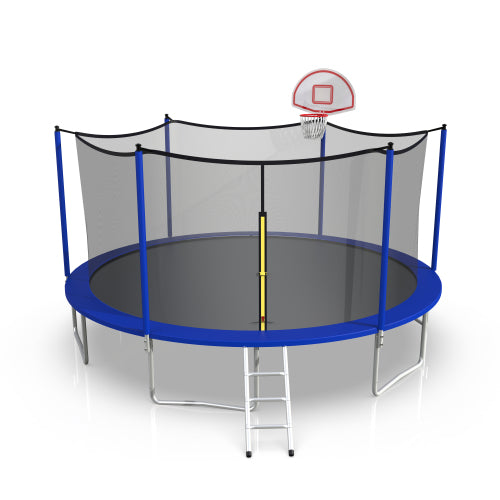 16FT Trampoline with Basketball Hoop, Blue Outdoor Trampolines Recreational Kids Trampoline with Enclosure Net Outdoor for 3-5 Kids, L