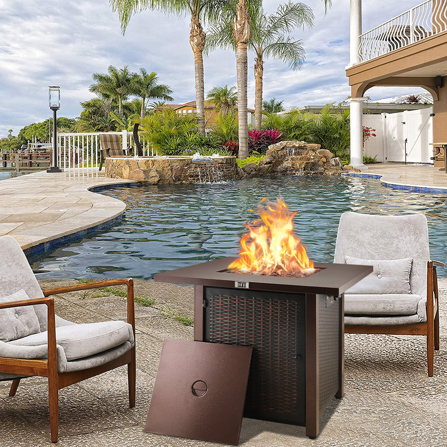 Gas Fire Pit Table, SEGMART Propane Fire Pit with Lid/Lava Rocks, 28" 40,000 BTU Outdoor Propane Fire Table, Metal Square Propane Fire Pit for Outside Garden Backyard Deck Patio, Bronze, LLL4009
