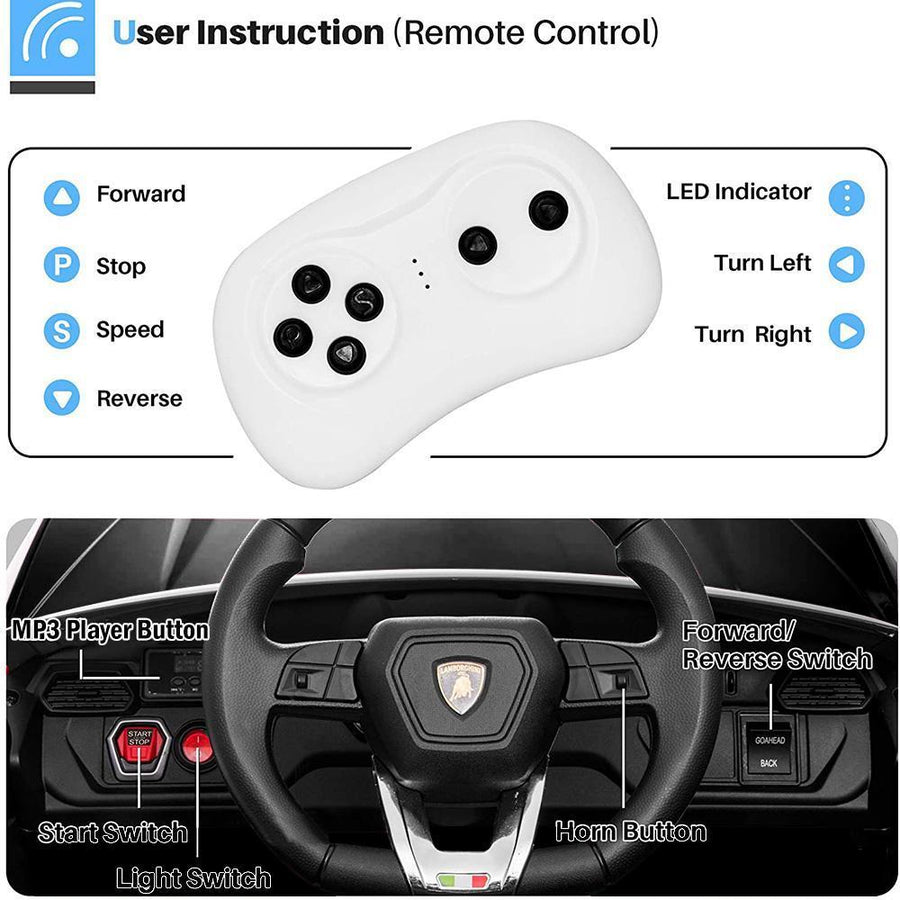 12 Volt Ride on Toys with Remote, Lamborghini Electric Ride on Cars for Kids, Powered Electric Vehicle with LED Lights, Music, Horn, Battery Cars Gift for 3-5 Years Girls Boys, Blue, L5367