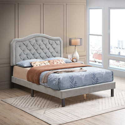 Bed Frame, Queen Size Velvet Tufted Upholstered Platform Bed with Headboard, 600lbs Capacity Bed Frame Furniture with Wood Slat Support, Modern Mattress Foundation for Adult, Grey, SS785