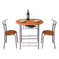 3 Piece Breakfast Set, Modern Dining Table Set, Durable Metal Frame and Wood Tabletop Kitchen Table and Chairs for 2, Dining Set Round Kitchen Table with Wine Bottle Rack, Steel Tube, Brown