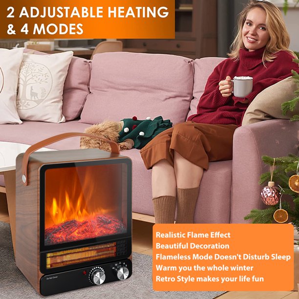 Space Heater with Handle, 1500W/750W Portable Electric Fireplace Heaters with Thermostat, Small Space Heater with Realistic Flame for Office, Overheat and Tip-Over Protection, 2 Heat Settings, LL571