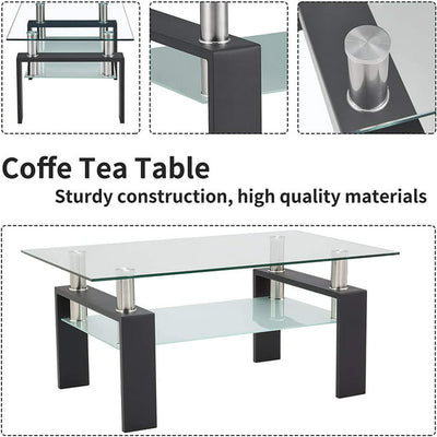 Rectangle Coffee Table for Living Room, Clear Glass Coffee Table with Lower Shelf, Modern Center Table with Metal Legs, 39.4" x 24" x 17.7" Sofa Table Home Furniture, Easy Assembly, L5503