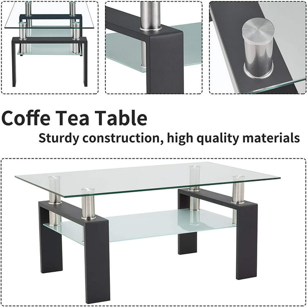 Rectangle Coffee Table for Living Room, Clear Glass Coffee Table with Lower Shelf, Modern Center Table with Metal Legs, 39.4" x 24" x 17.7" Sofa Table Home Furniture, Easy Assembly, L5503