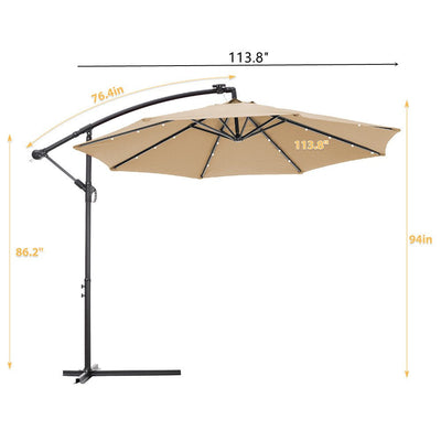 Outdoor Umbrella with Lights, 10FT Solar LED Offset Patio Umbrella, Hanging Cantilever Market Patio Umbrella with Crank, Cross Base, Backyard Offset Umbrella for Garden Pool Deck, L6085