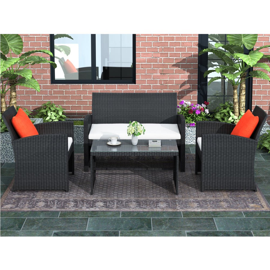 Backyard Outdoor Furniture Sets, Wicker Bistro Conversation Sets with 2 Pillows, Garden Backyard Balcony Porch Poolside Armchair Seat Furniture Sets with Soft Cushion and Glass Table, Black, S2284