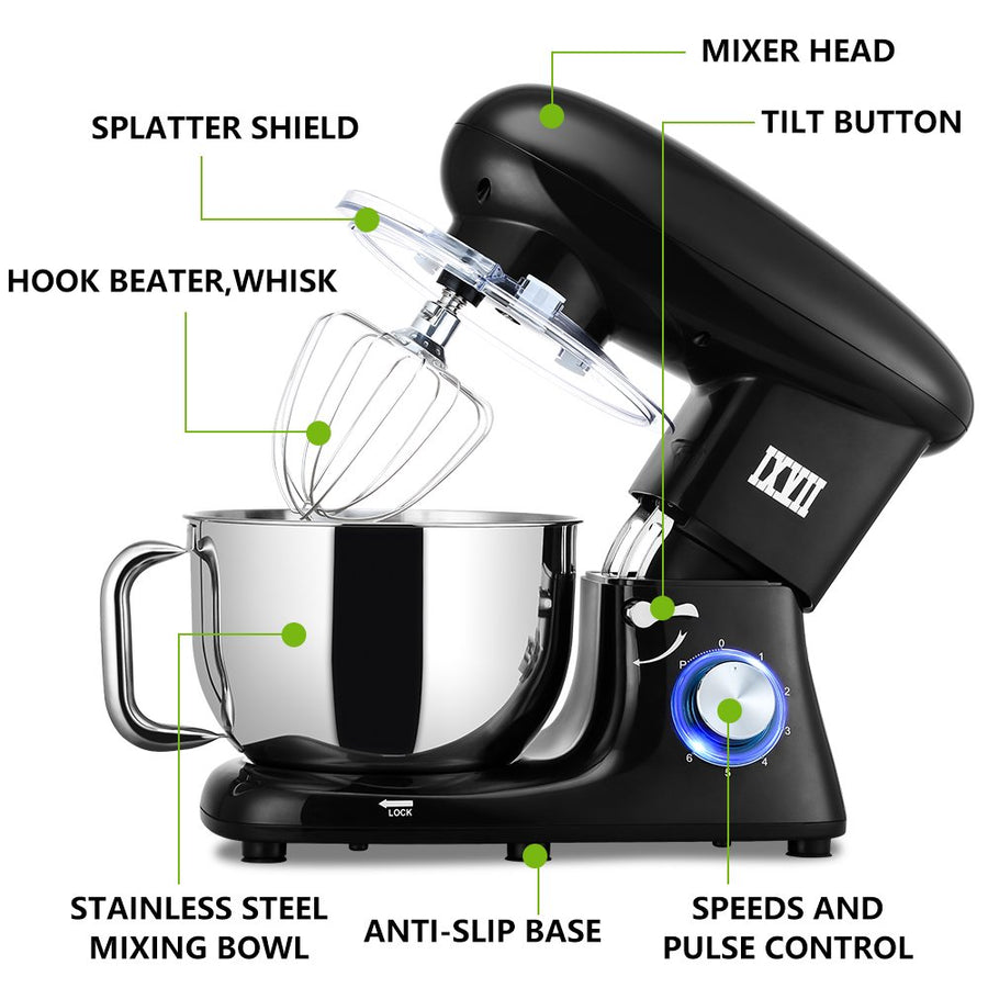 Kitchen Stand Mixer, Black 5.8QT Tilt-Head Electric Stand Mixer with Handle, 660W 6-Speed Food Dough Mixer with Stainless Steel Bowl/Dough Hook/Beater/Whisk/Spatula for Baking, Cake, Cookie, HJ158