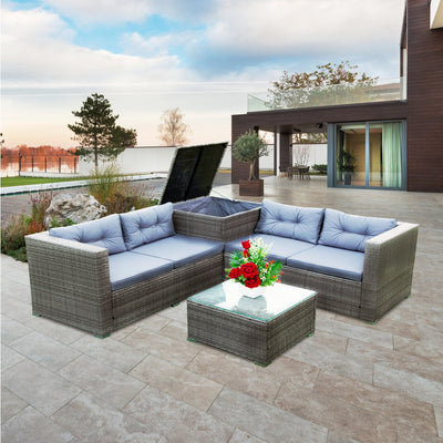 Outdoor Patio Chairs & Seating Sets Furniture for Outdoor Patio, 4-Piece Wicker Conversation Set w/L-Seats Sofa, R-Seats Sofa, Cushion box, Tempered Glass Dining Table, Padded Cushions, S9136