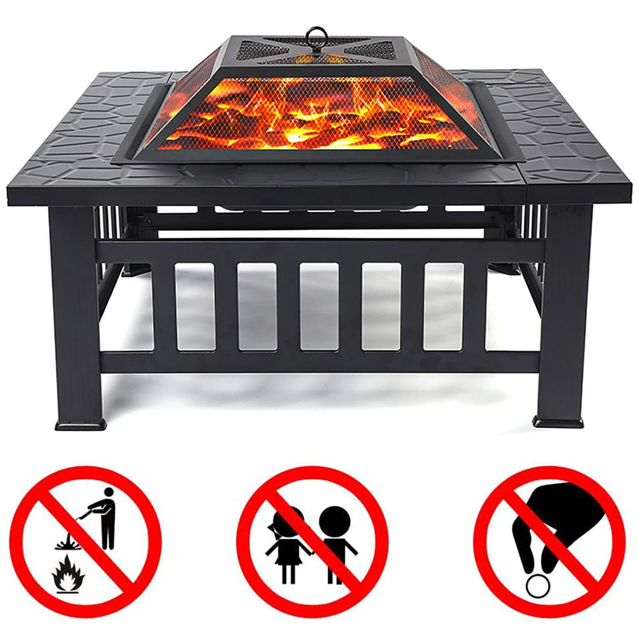 Outdoor Bonfire Pit with Grill Net, 32" Outdoor Square Metal Fire Pit with Cover, Wood Burning BBQ Grill Fire Pit Bowl, Backyard Patio Garden Fire Pit for Camping, Heating, Bonfire, Picnic, LL588